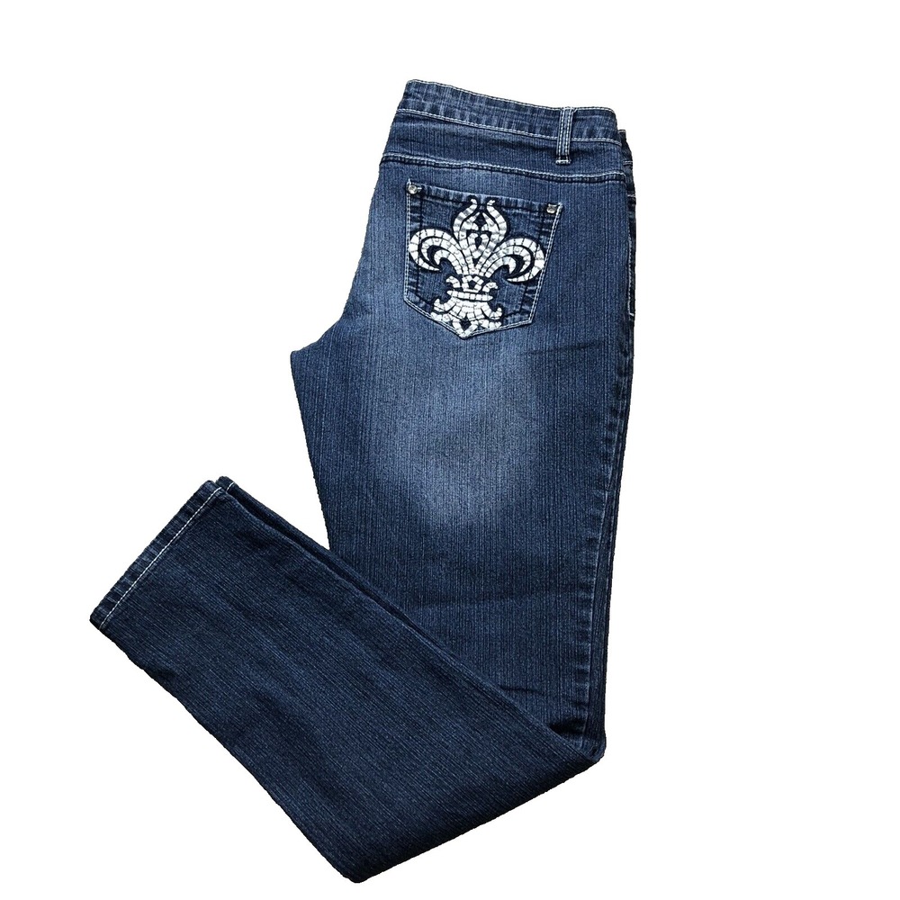 Bongo Jeans Womens 13‎ Blue Denim Faded Straight Leg Floral pockets Distressed